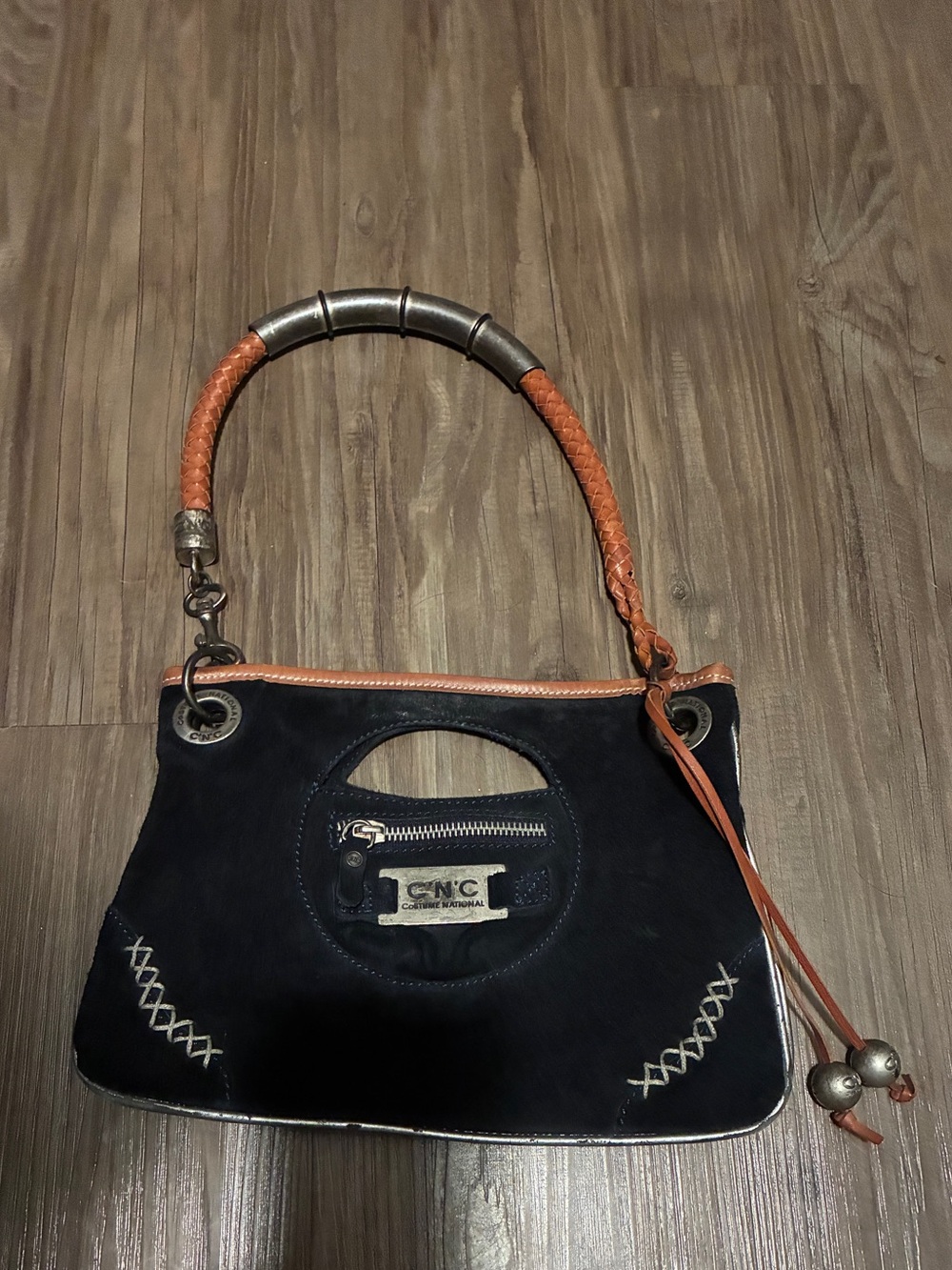 CNC Costume National- Black Suede Shoulder Bag with Tan Accents